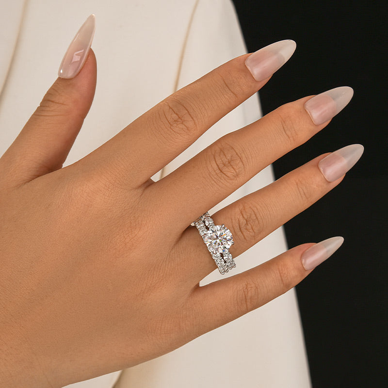 Moissanite 2.0Ct~4.0Ct Round Cut Side Stone White Gold Travel Bridal Set Holiday Ring Gift