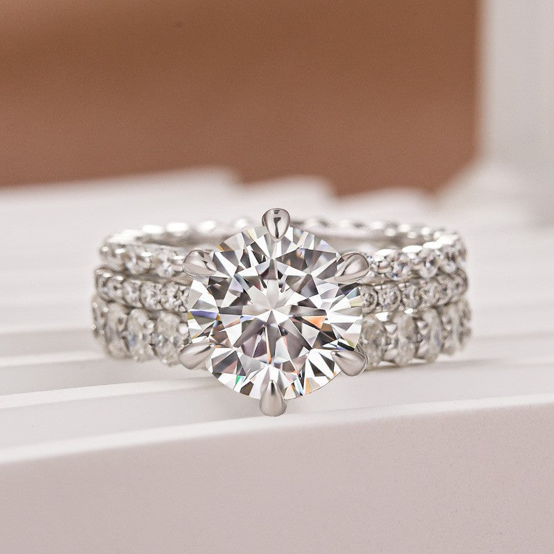 Moissanite 3.0Ct Round Cut White Gold 3PC Travel Engagement Ring with Oval & Round Cut Wedding Band