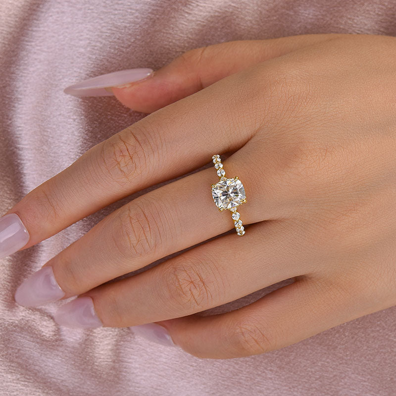 S925 Moissanite 2.0 Ct Yellow Gold Cushion Cut Bridal Ring