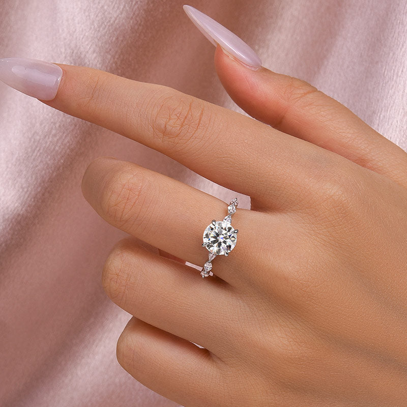 S925 Moissanite 2.0 Ct Round Cut with Marquise Side Stones Hidden Halo Engagement Ring