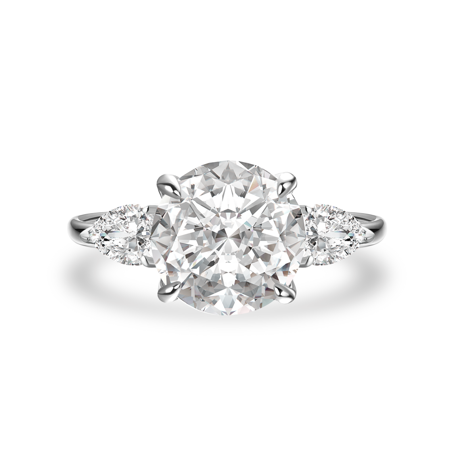 S925 Moissanite 4.0 Ct Round Cut White Gold Engagement Ring with Pear Cut Side Stone