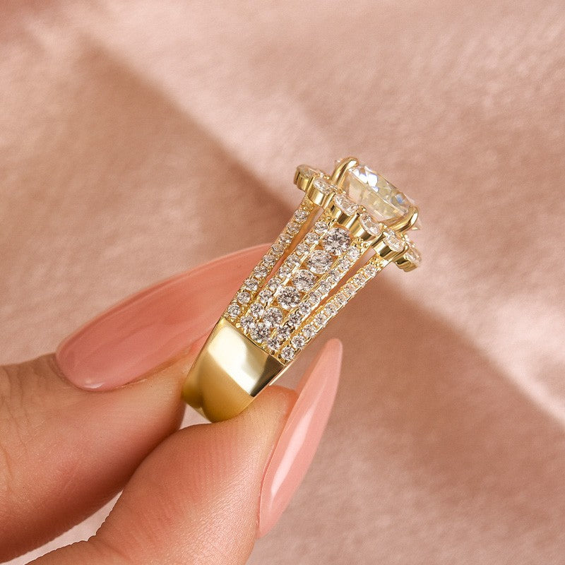 Halo Split Shank 4.0Ct Round Cut Yellow Gold Moissanite Engagement Ring