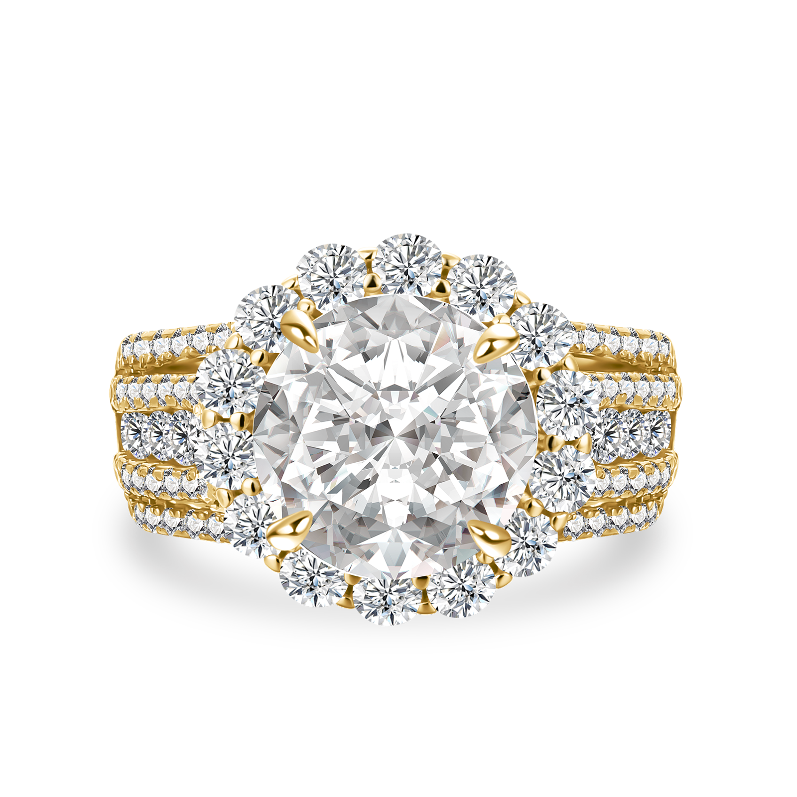 Halo Split Shank 4.0Ct Round Cut Yellow Gold Moissanite Engagement Ring