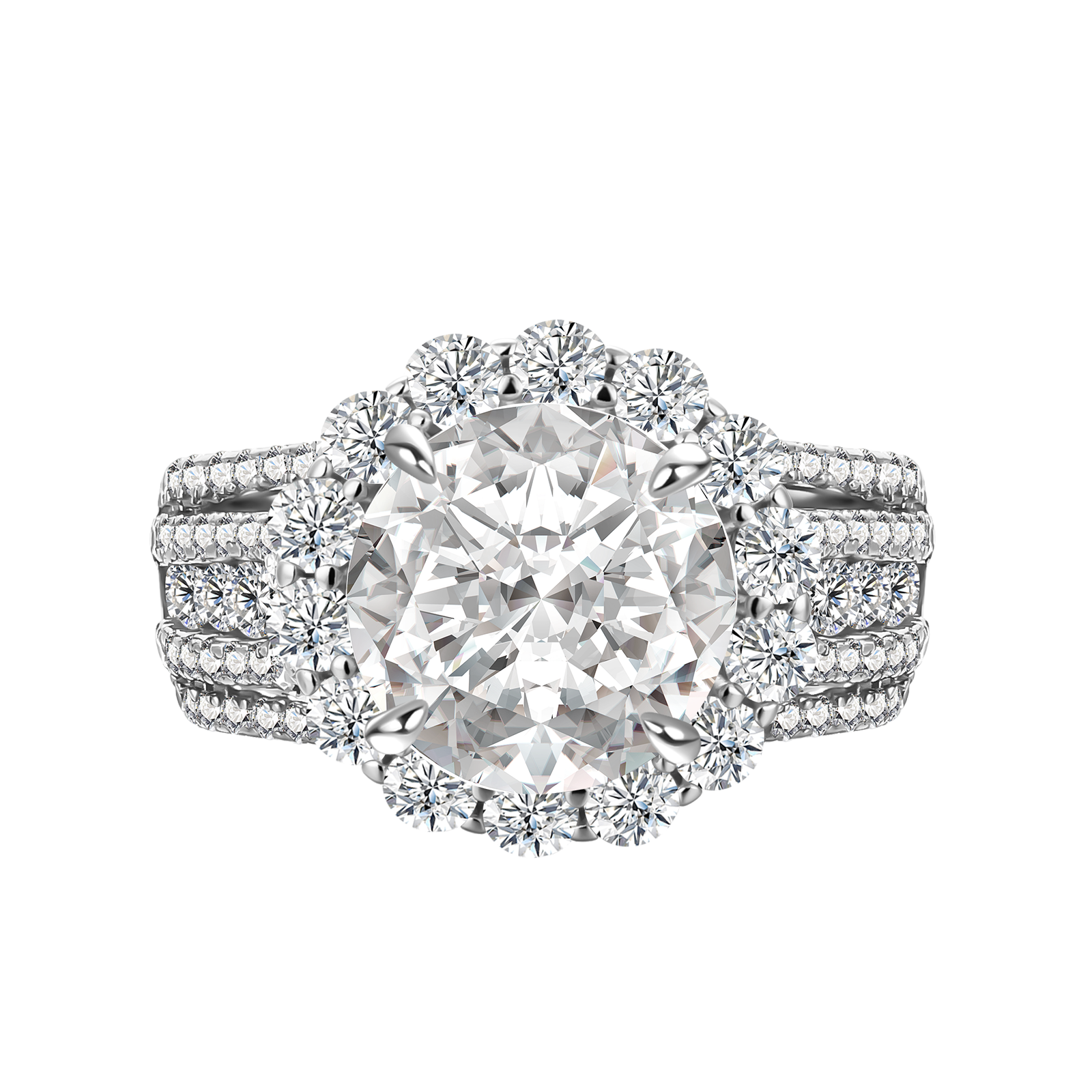 Moissanite Halo Split Shank 4.0Ct Round Cut White Gold Engagement Ring