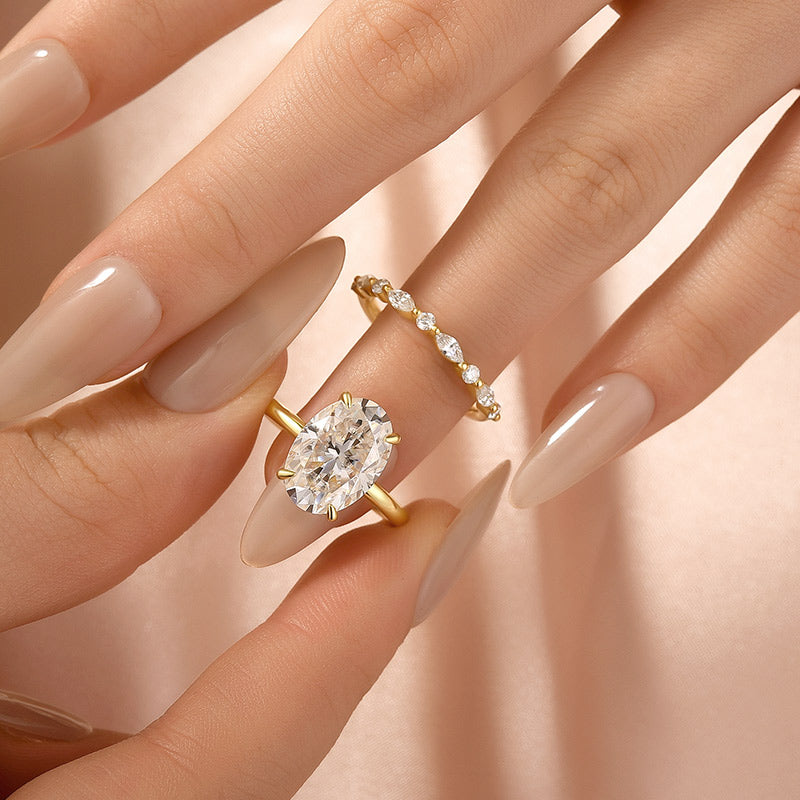 S925 Moissanite 5.5Ct Solitaire Oval Cut Yellow Gold Engagement Ring with Marquise& Oval Cut Wedding Band