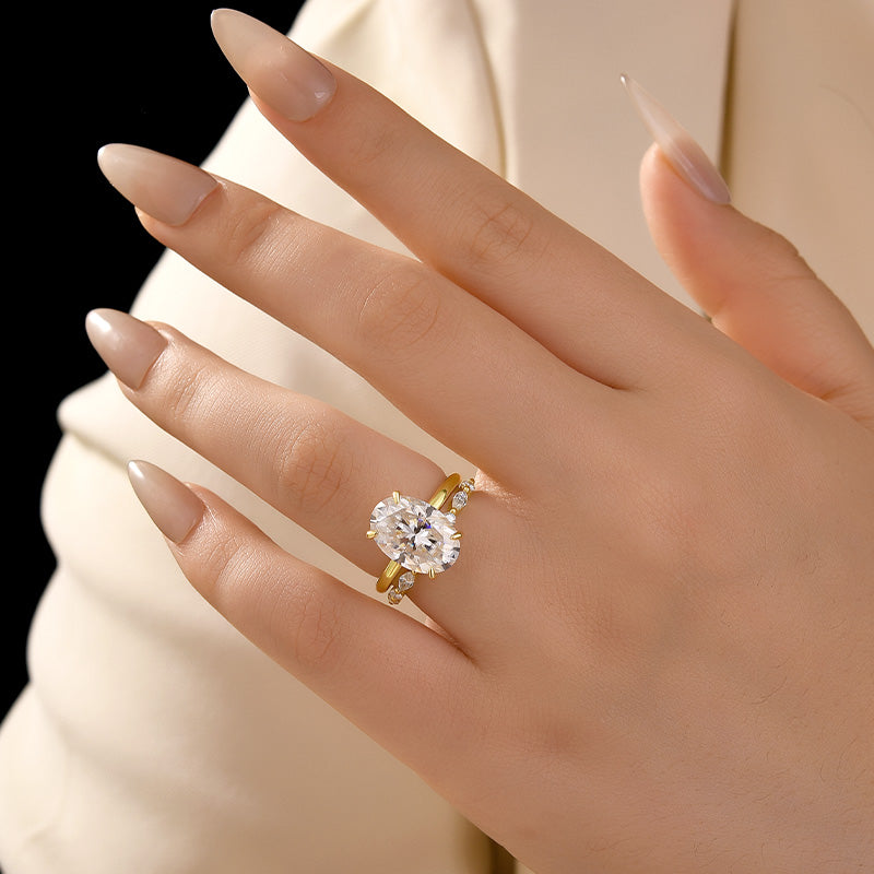 S925 Moissanite 5.5Ct Solitaire Oval Cut Yellow Gold Engagement Ring with Marquise& Oval Cut Wedding Band