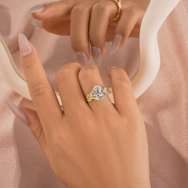 S925 Moissanite 3.0Ct Oval Cut Side Stone Twist Nature-Inspired Engagement Ring In Sterling Silver