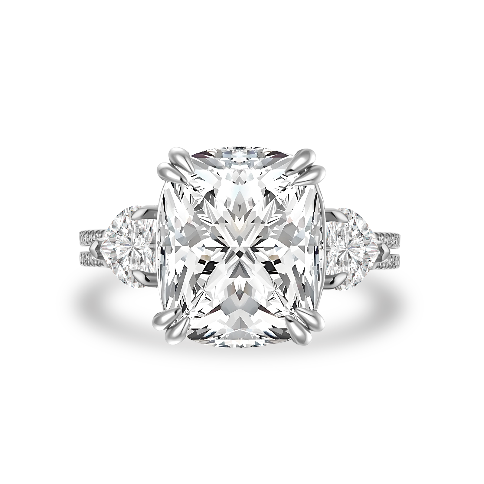 Moissanite 6.0Ct Cushion Cut Three Stone Engagement Ring In Sterling Silver