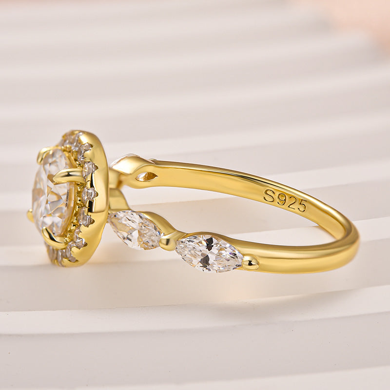 Gelovely Moissanite 1.0 Ct Halo Round Cut Yellow Gold Promise Ring
