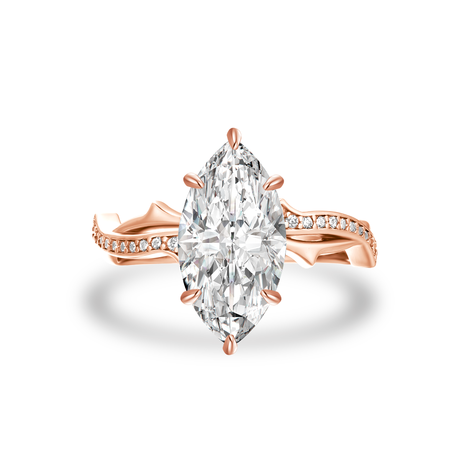 Moissanite 3.0Ct Marquise Cut Rose Gold Twist Engagement Ring In Sterling Silver