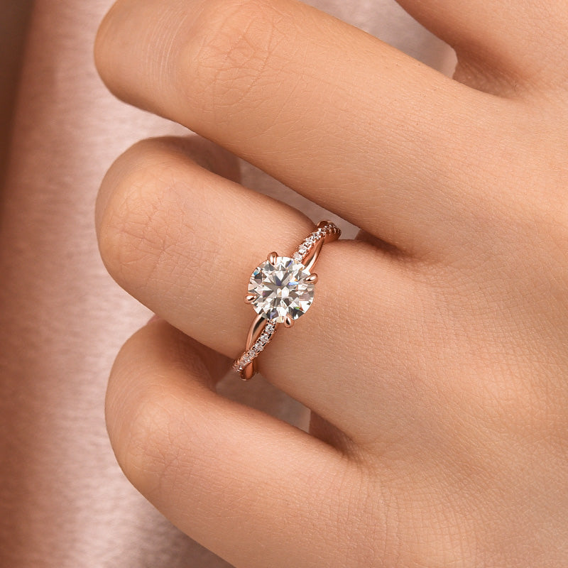 S925Moissanite 1.2ct~2.0ct Round Cut Twist Rose Gold Pave Promise Bridal Ring