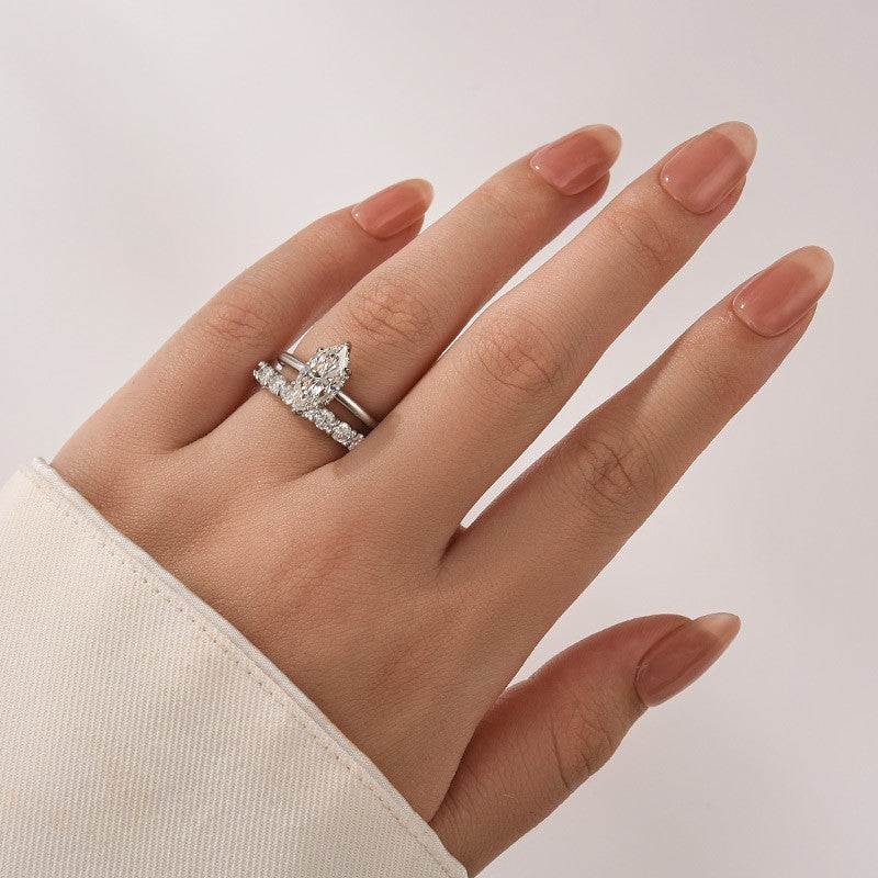 S925 Moissanite 2.0Ct Marquise Cut Hidden Halo White Gold Engagement Ring with Pavé Eternity Ring