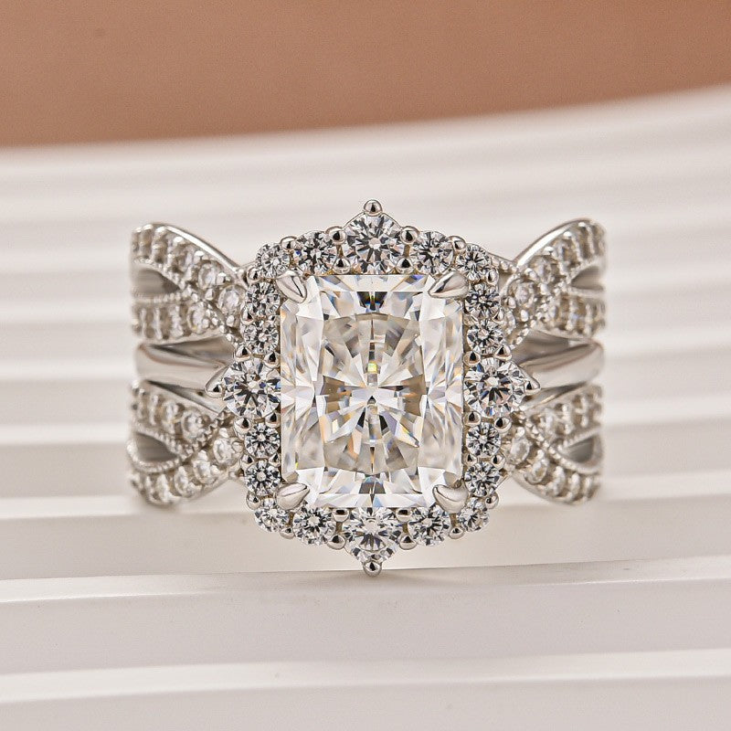 S925 Moissanite 3.0Ct Halo Radiant Cut Stack Wedding Ring with Enhancer Wedding Band