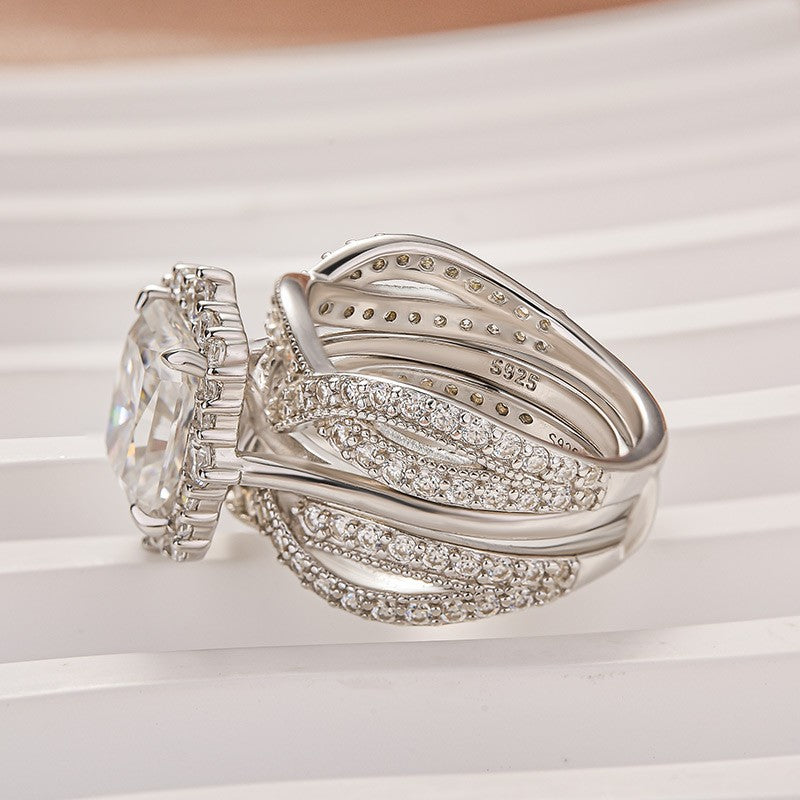S925 Moissanite 3.0Ct Halo Radiant Cut Stack Wedding Ring with Enhancer Wedding Band