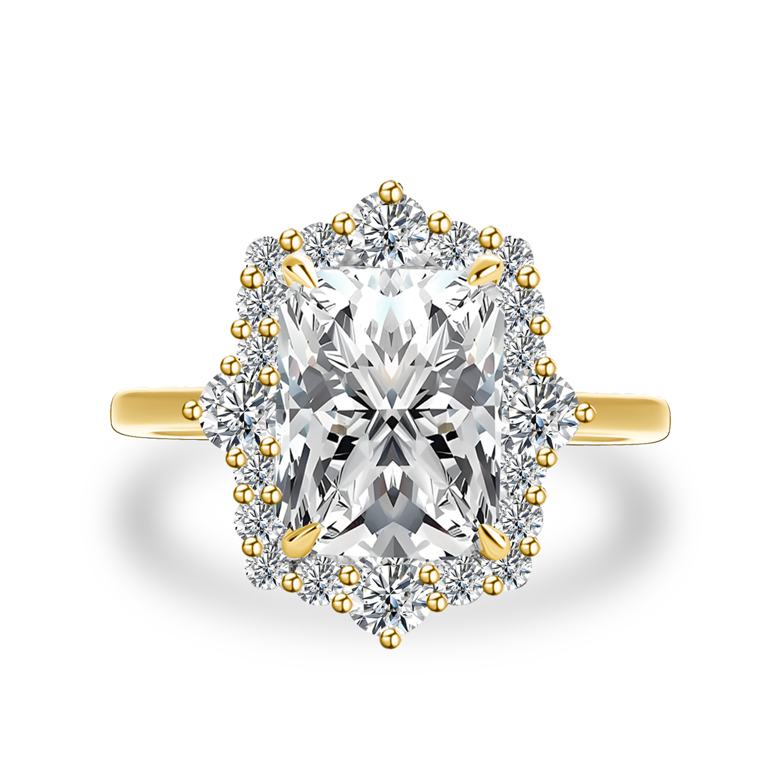 Gelovely Moissanite 3.0Ct Yellow Gold Halo Radiant Cut Engagement Ring