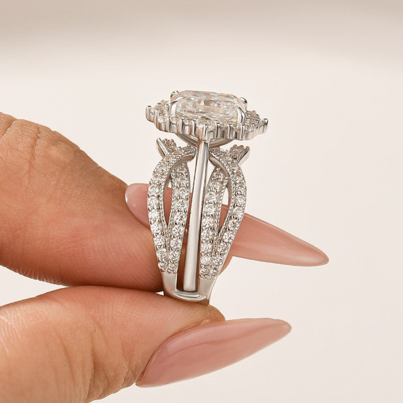 S925 Moissanite 3.0Ct Halo Radiant Cut Stack Wedding Ring with Enhancer Wedding Band