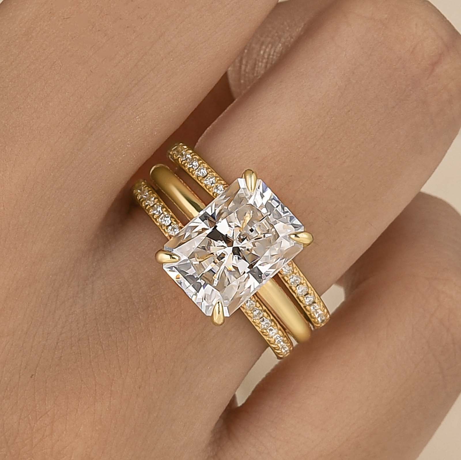 Moissanite 4.5Ct Radiant Cut 2PC Stackable Enhancer Open Band Ring Sets In Sterling Silver