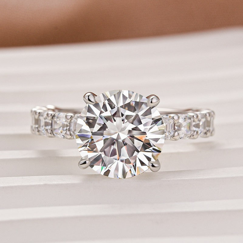 Gelovely Moissanite 4.0 Ct Round White Gold Engagement Ring with Asscher Cut Wedding Band