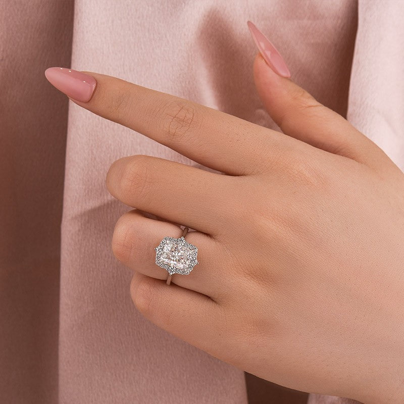 Gelovely Moissanite 3.0Ct White Gold Halo Radiant Cut Engagement Ring