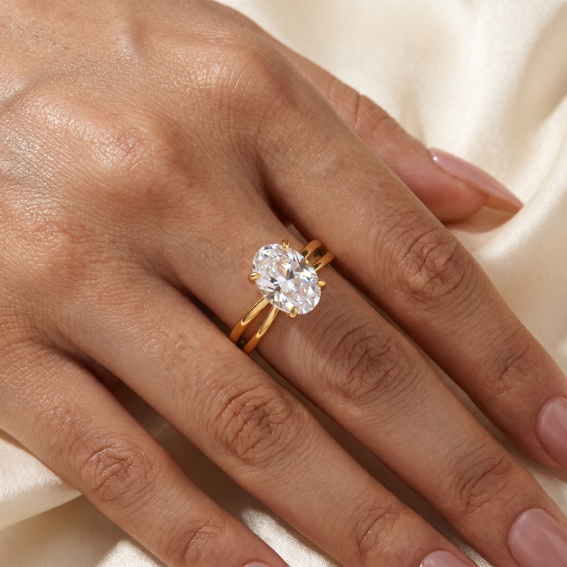 S925 Moissanite 2.5Ct Oval Cut Twist Split Shank 18K Yellow Gold Plated Engagement Ring