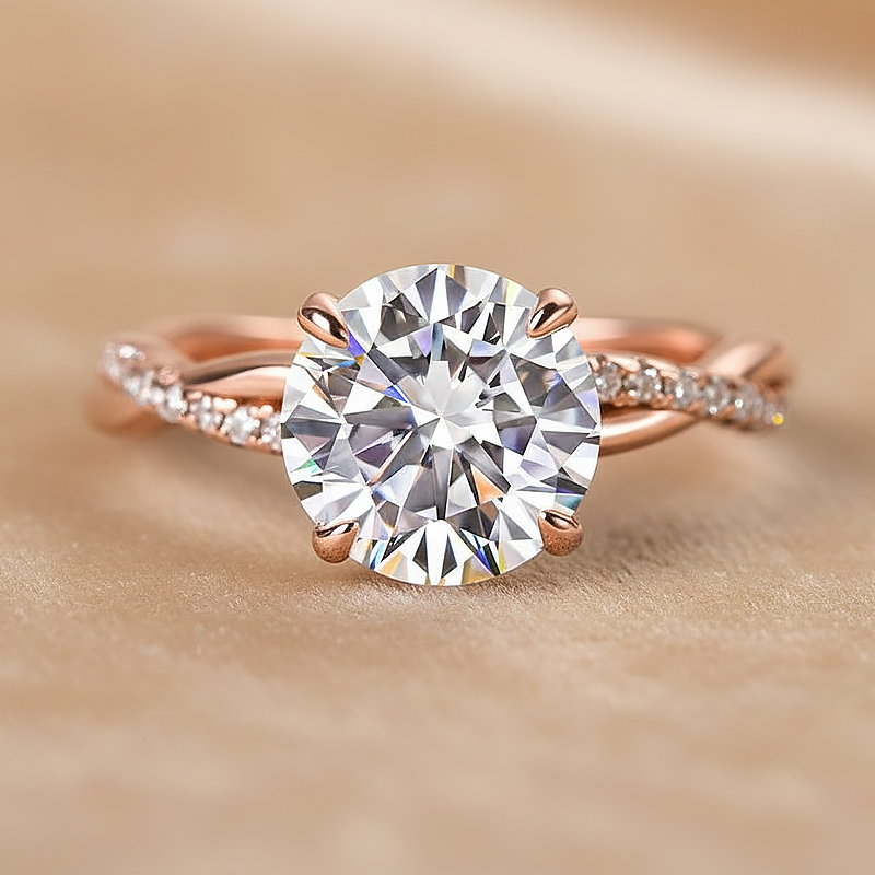 S925Moissanite 1.2ct~2.0ct Round Cut Twist Rose Gold Pave Promise Bridal Ring