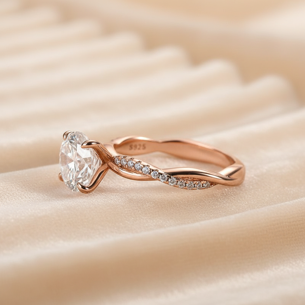 S925Moissanite 1.2ct~2.0ct Round Cut Twist Rose Gold Pave Promise Bridal Ring