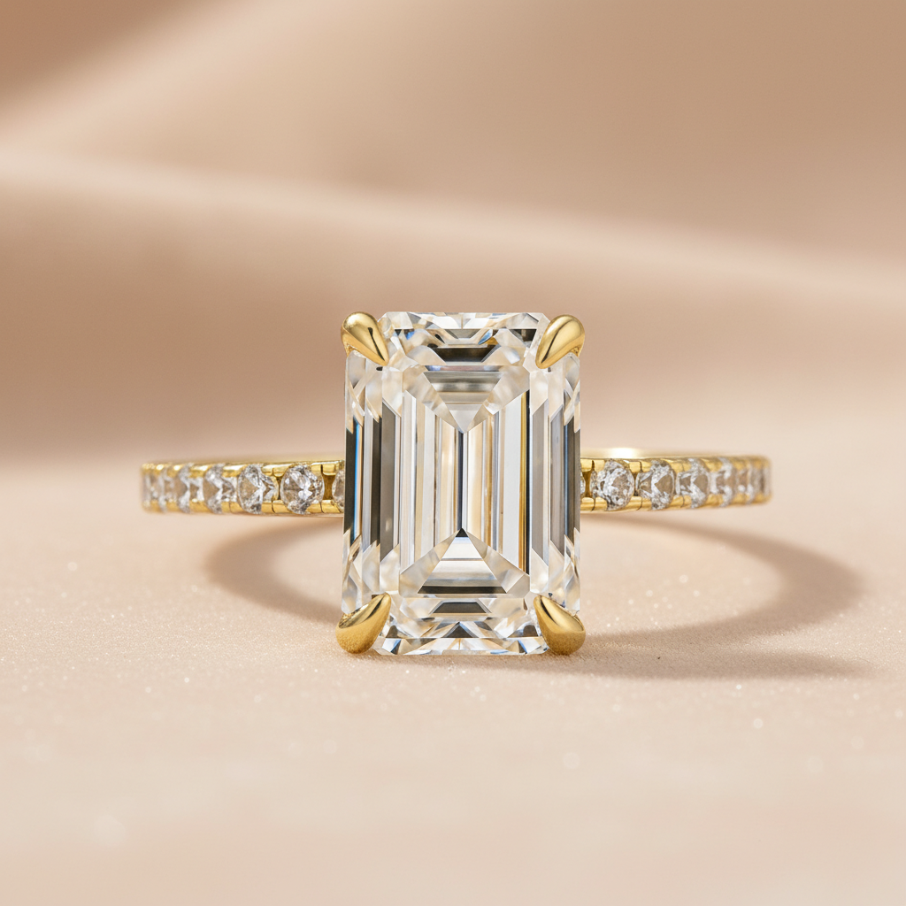 Gelovely Moissanite 3.5 Ct Emerald Cut Yellow Gold Engagement Ring For Women