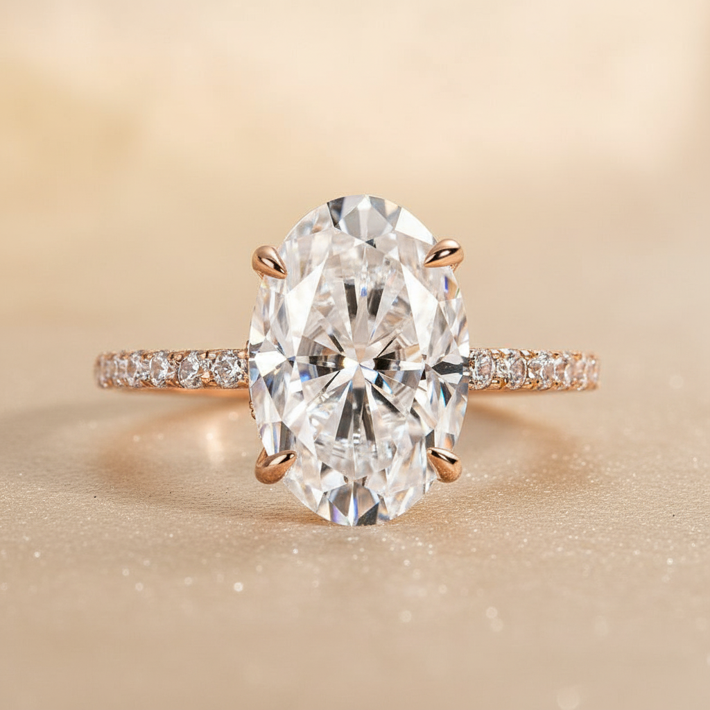 S925 Moissanite 4.0 Ct Oval Cut Pavé Rose Gold Engagement Ring For Women