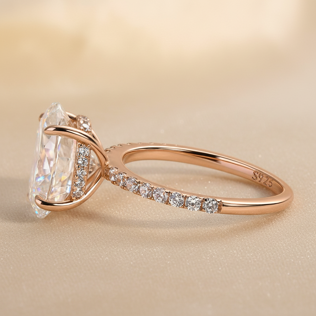 S925 Moissanite 4.0 Ct Oval Cut Pavé Rose Gold Engagement Ring For Women