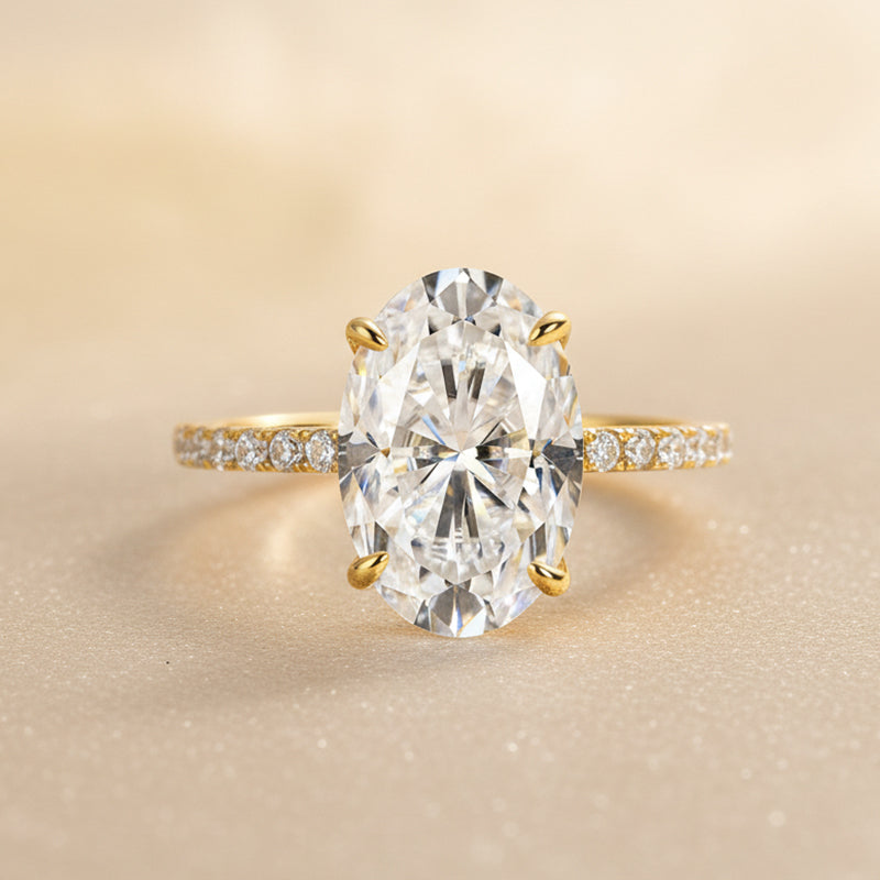 Moissanite 2.0 Ct ~5.5 Ct Oval Cut Pavé Yellow Gold Engagement Ring For Women