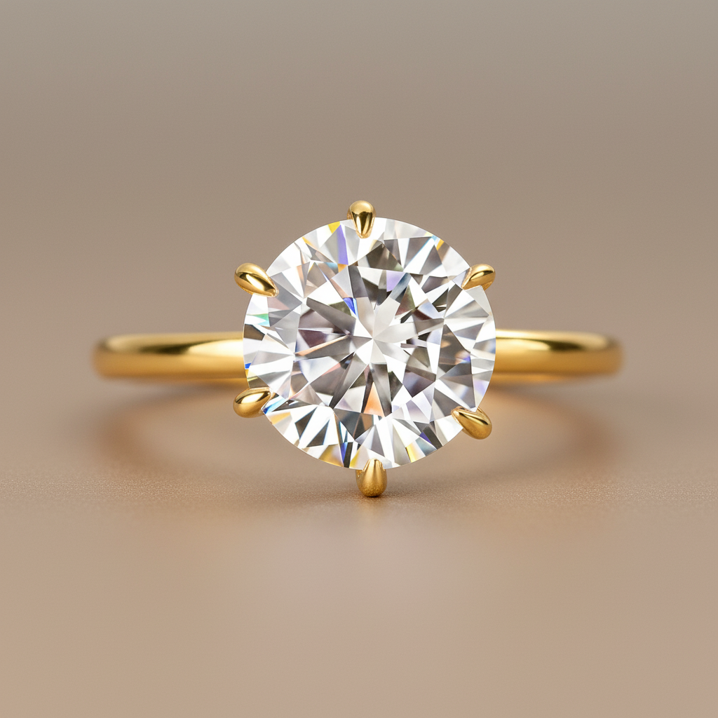 Gelovely Moissanite 2.0 Ct Round Cut 6 Prong Yellow Gold Engagement Ring