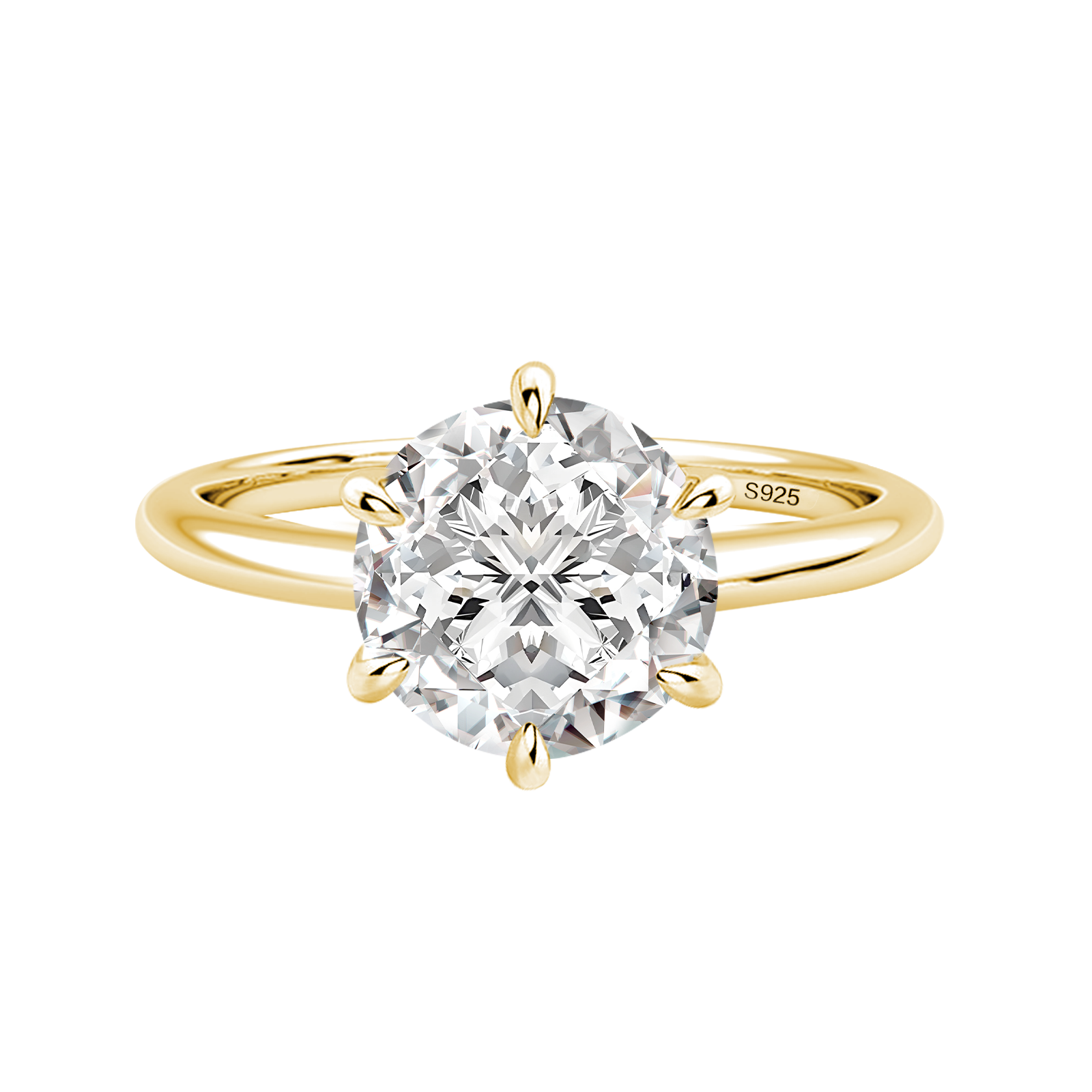 S925 Moissanite 2.0 Ct Round Cut 6 Prong Yellow Gold Engagement Ring For Everyday Wear