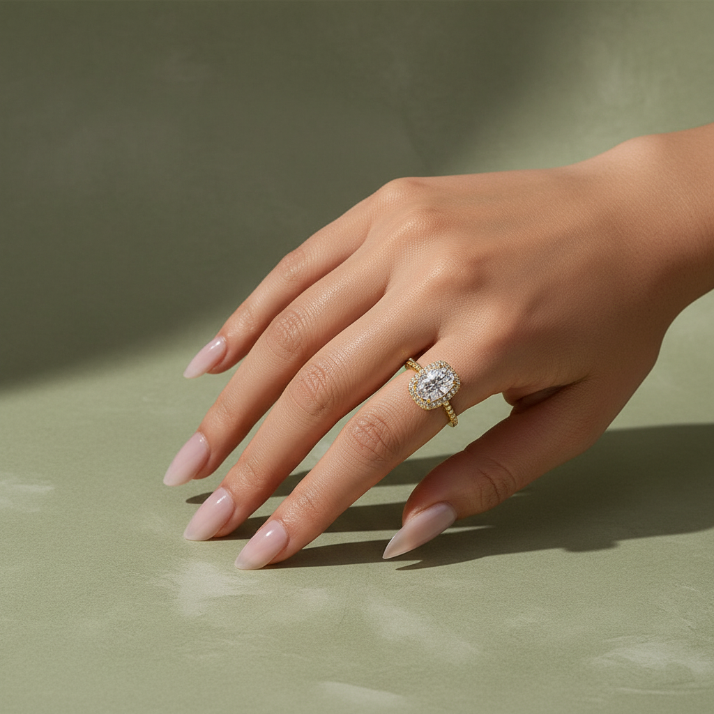 Gelovely Moissanite 2.5 Ct Halo Oval Cut Yellow Gold Promise Ring