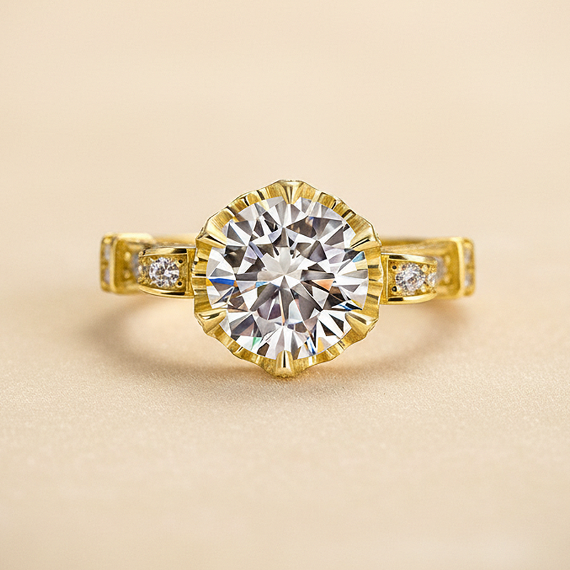 S925 Moissanite 2.0Ct Round Cut Yellow Gold Promise Bridal Ring