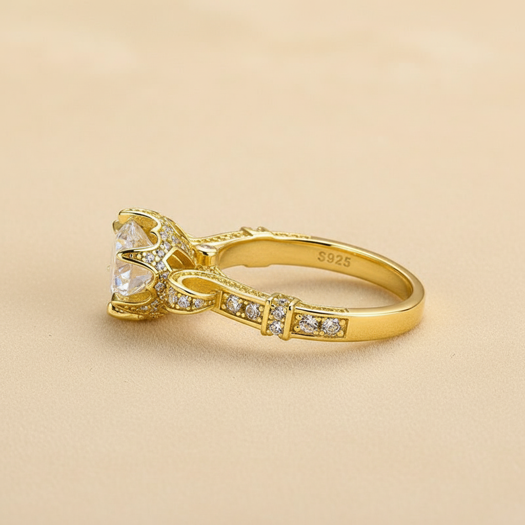 S925 Moissanite 2.0Ct Round Cut Yellow Gold Promise Bridal Ring