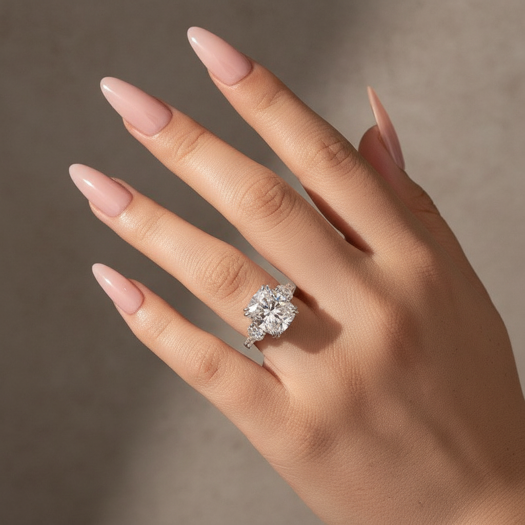 Moissanite 6.0Ct Cushion Cut Three Stone Engagement Ring In Sterling Silver