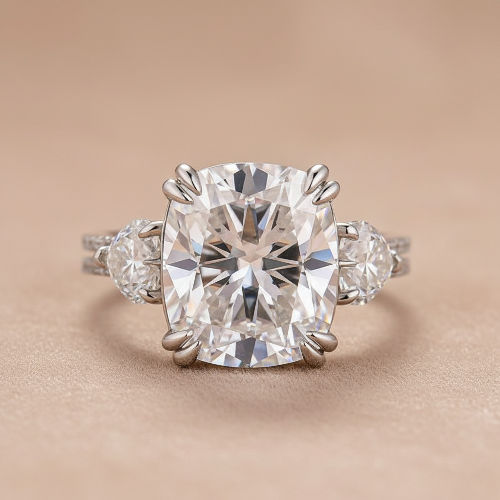 Moissanite 6.0Ct Cushion Cut Three Stone Engagement Ring In Sterling Silver