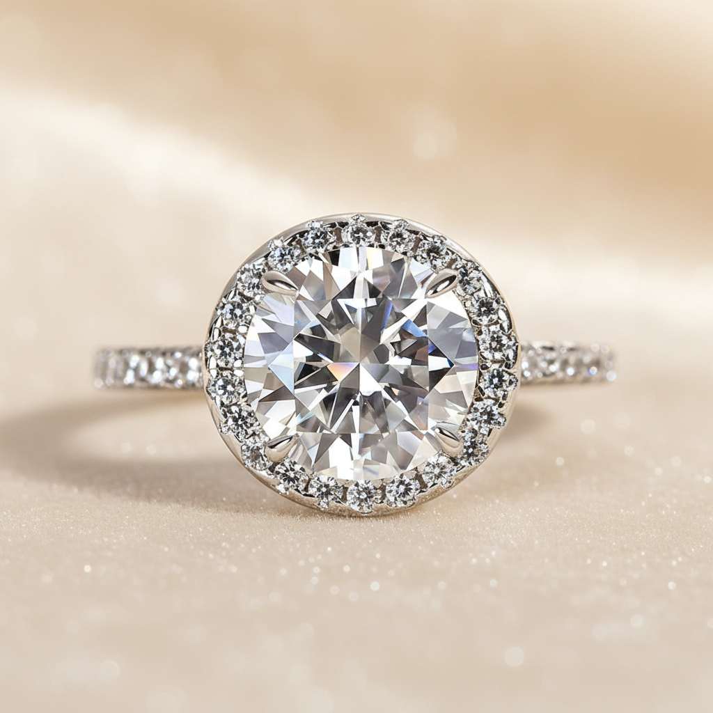 S925 Moissanite 2.0 Ct Halo Round Cut White Gold Engagement Ring