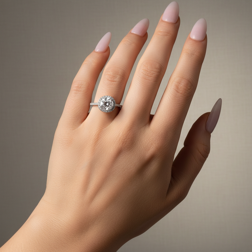 S925 Moissanite 2.0 Ct Halo Round Cut White Gold Engagement Ring