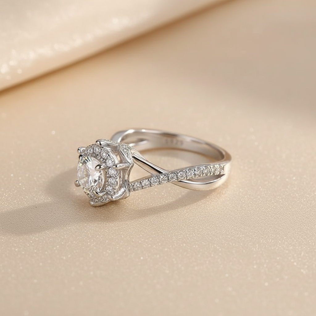 S925 Moissanite 1.0 Ct Twist Flower Design Promise Bridal Ring