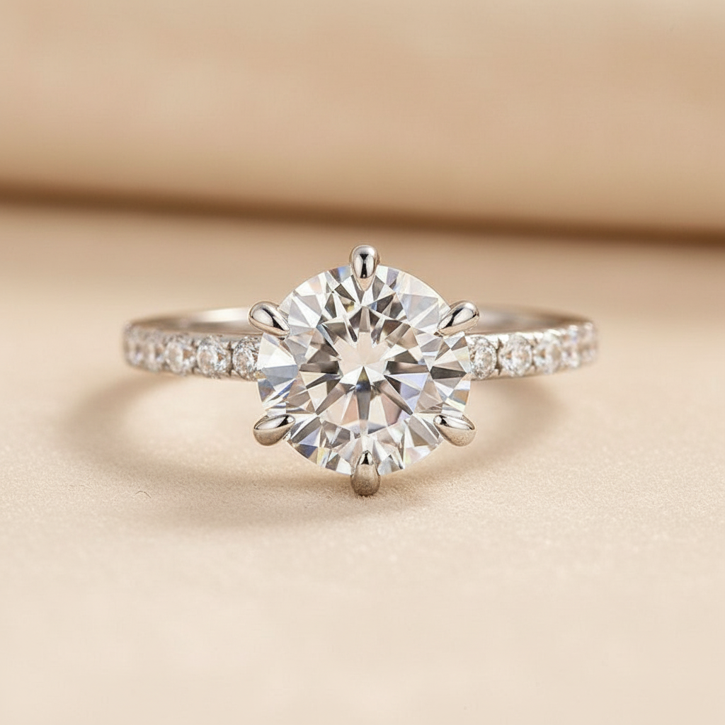 S925 Moissanite 2.0 Ct  Hidden Halo Round Cut White Gold Engagement Ring