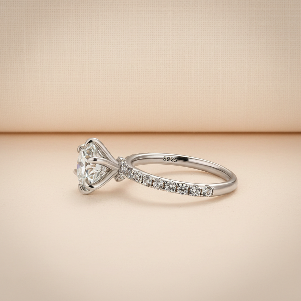 S925 Moissanite 2.0 Ct  Hidden Halo Round Cut White Gold Engagement Ring