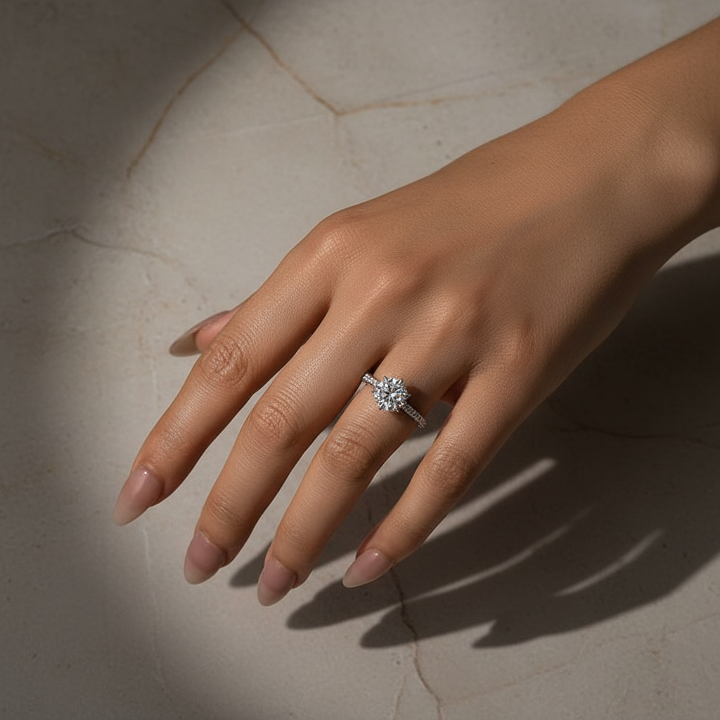 S925 Moissanite 2.0 Ct  Hidden Halo Round Cut White Gold Engagement Ring