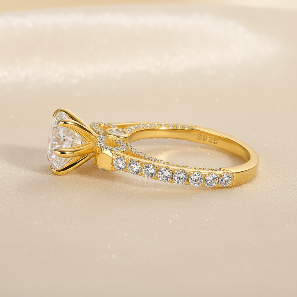 S925 Moissanite 2.0 Ct Bow Base Design Yellow Gold Promise Bridal Ring