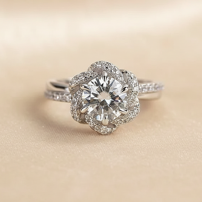 S925 Moissanite 1.0Ct Round Cut Twist Flower Design Engagement Ring
