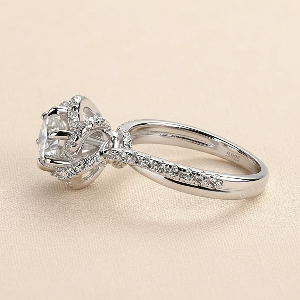 S925 Moissanite 1.0Ct Round Cut Twist Flower Design Engagement Ring