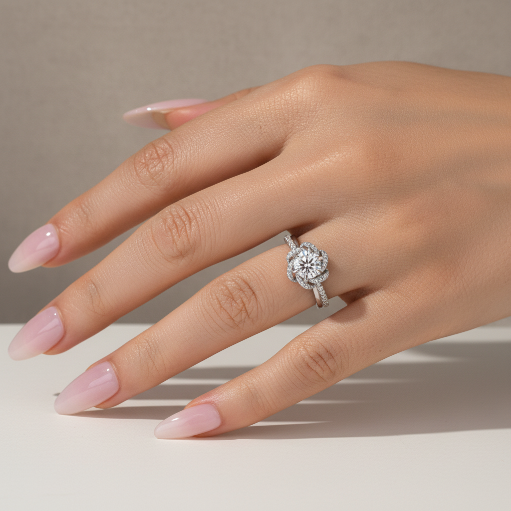S925 Moissanite 1.0Ct Round Cut Twist Flower Design Engagement Ring