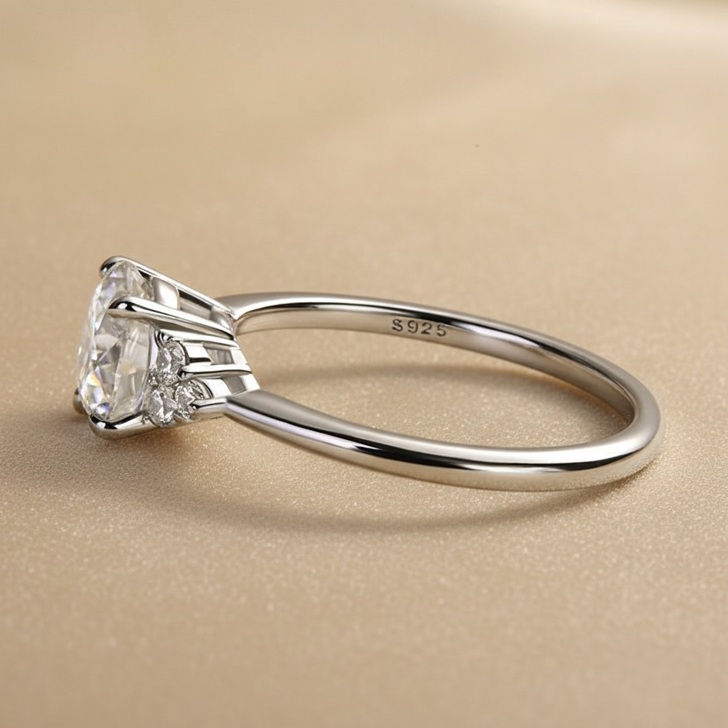 S925 Moissanite 1.2 Ct Round Cut White Gold Triple Diamond Engagement Ring
