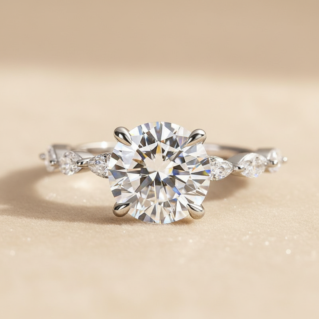S925 Moissanite 2.0 Ct Round Cut with Marquise Side Stones Hidden Halo Engagement Ring