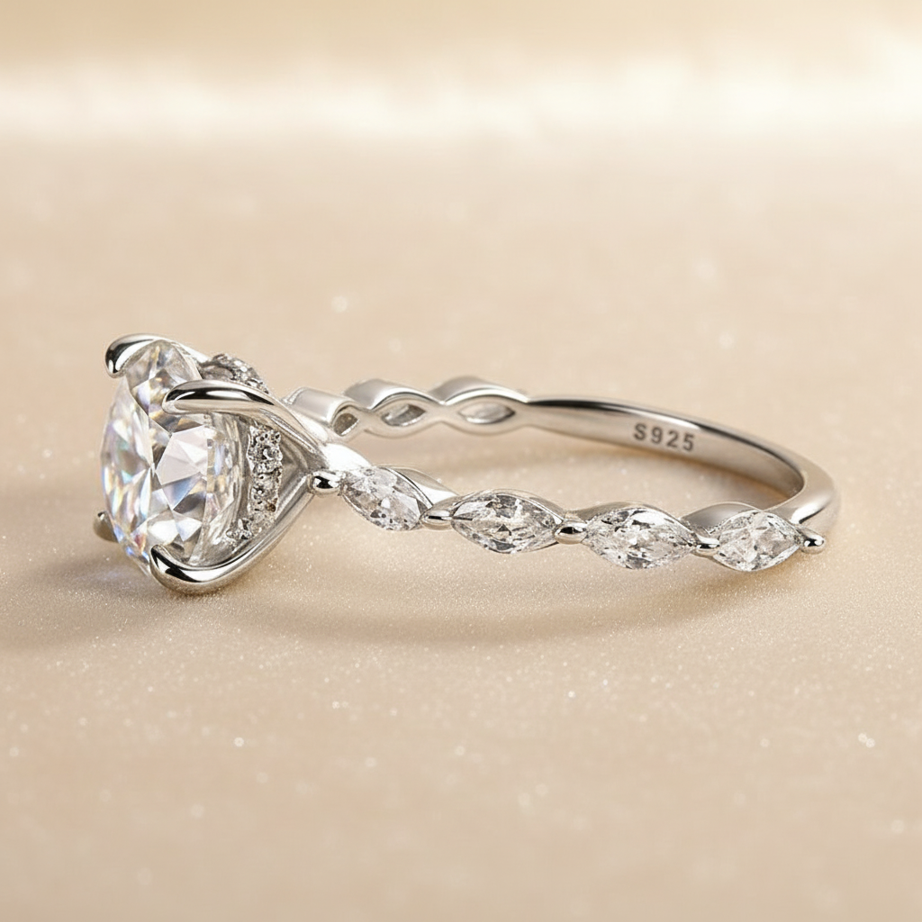S925 Moissanite 2.0 Ct Round Cut with Marquise Side Stones Hidden Halo Engagement Ring
